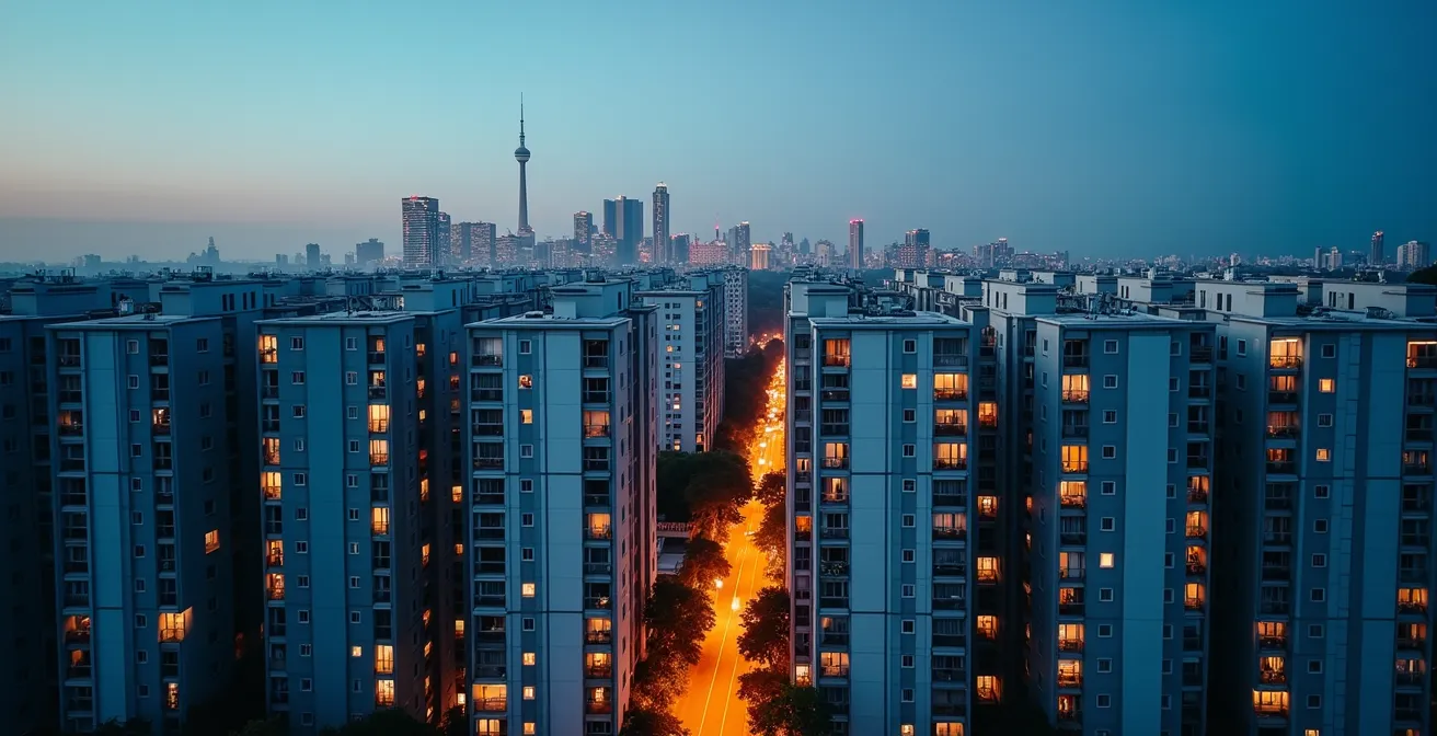 Vue aérienne de bâtiments avec éclairage suggérant l'efficacité énergétique