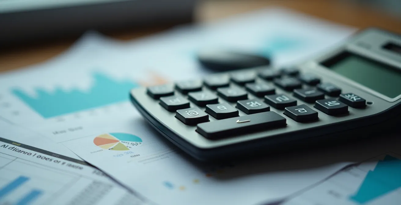 Vue macro d'une calculatrice posée sur des documents financiers de copropriété