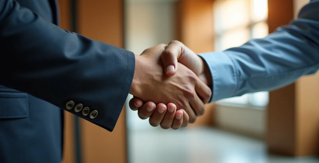 Poignée de main professionnelle symbolisant un accord en copropriété