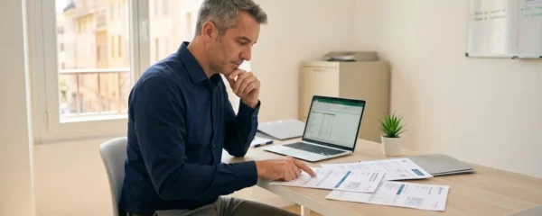 Gérant de TPE dans son bureau lumineux à Marseille consultant des documents de contrats énergétiques et factures étalés sur un bureau contemporain en bois clair, lumière naturelle, architecture provençale visible par la fenêtre en arrière-plan