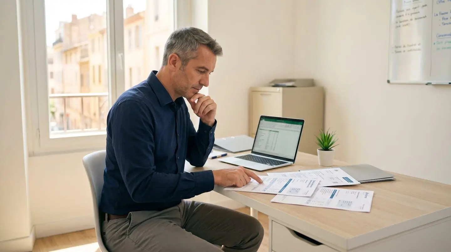 Gérant de TPE dans son bureau lumineux à Marseille consultant des documents de contrats énergétiques et factures étalés sur un bureau contemporain en bois clair, lumière naturelle, architecture provençale visible par la fenêtre en arrière-plan