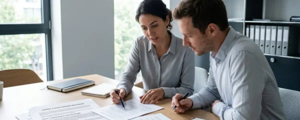 Deux professionnels examinant des documents contractuels d'énergie sur une table de réunion dans un bureau moderne avec lumière naturelle