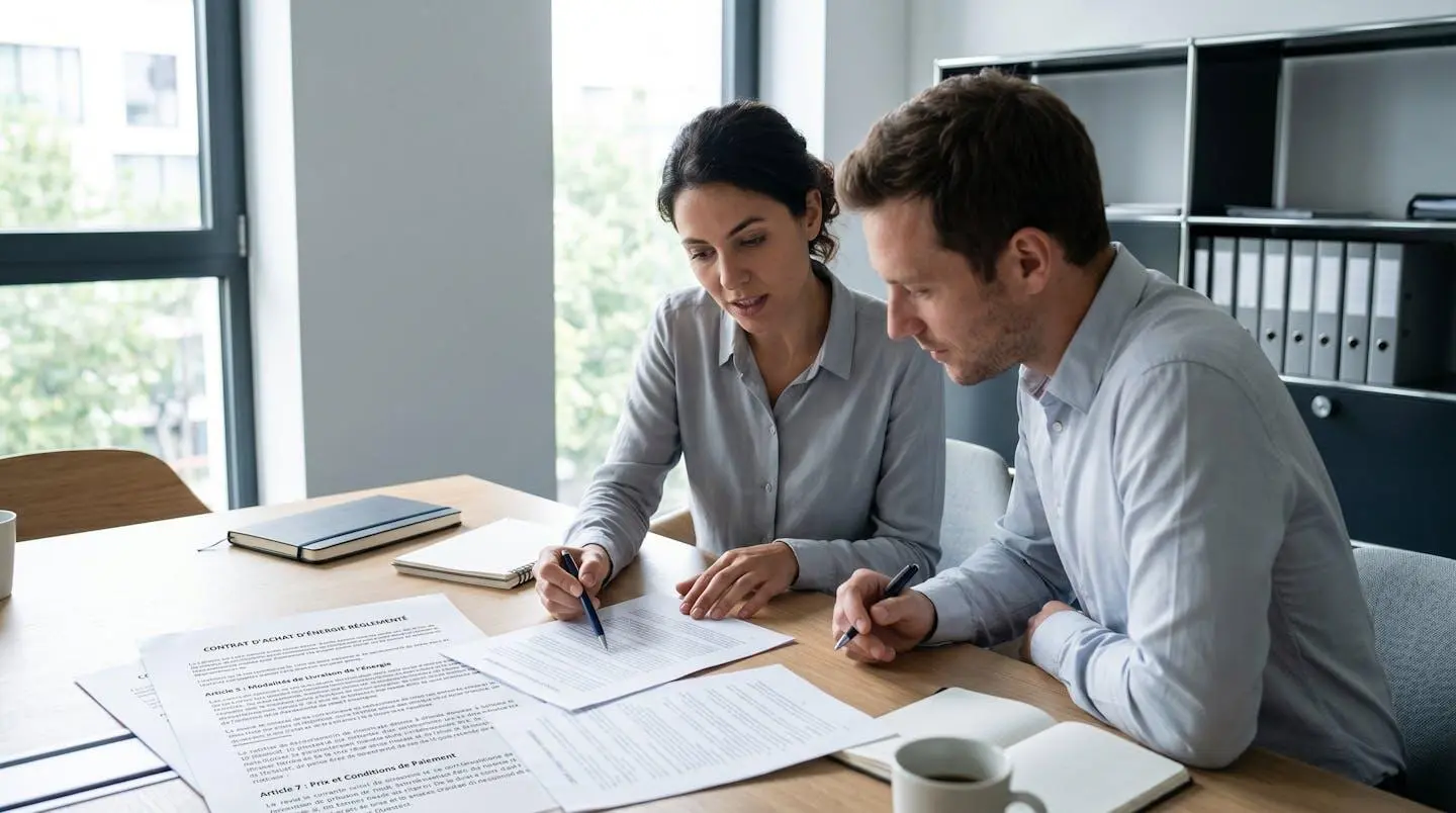Deux professionnels examinant des documents contractuels d'énergie sur une table de réunion dans un bureau moderne avec lumière naturelle