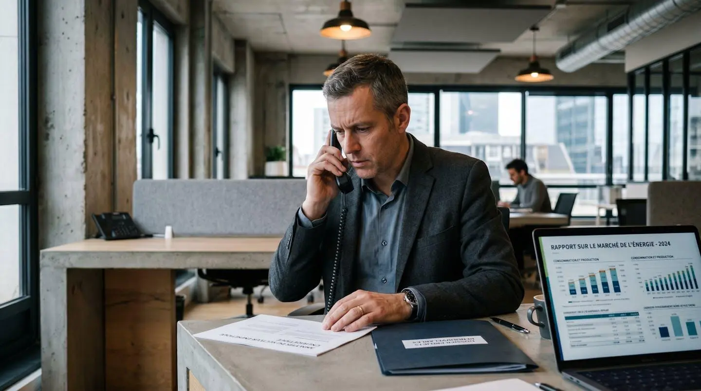 Responsable d'entreprise au téléphone dans son bureau, regard concentré sur des documents, examinant attentivement une proposition commerciale